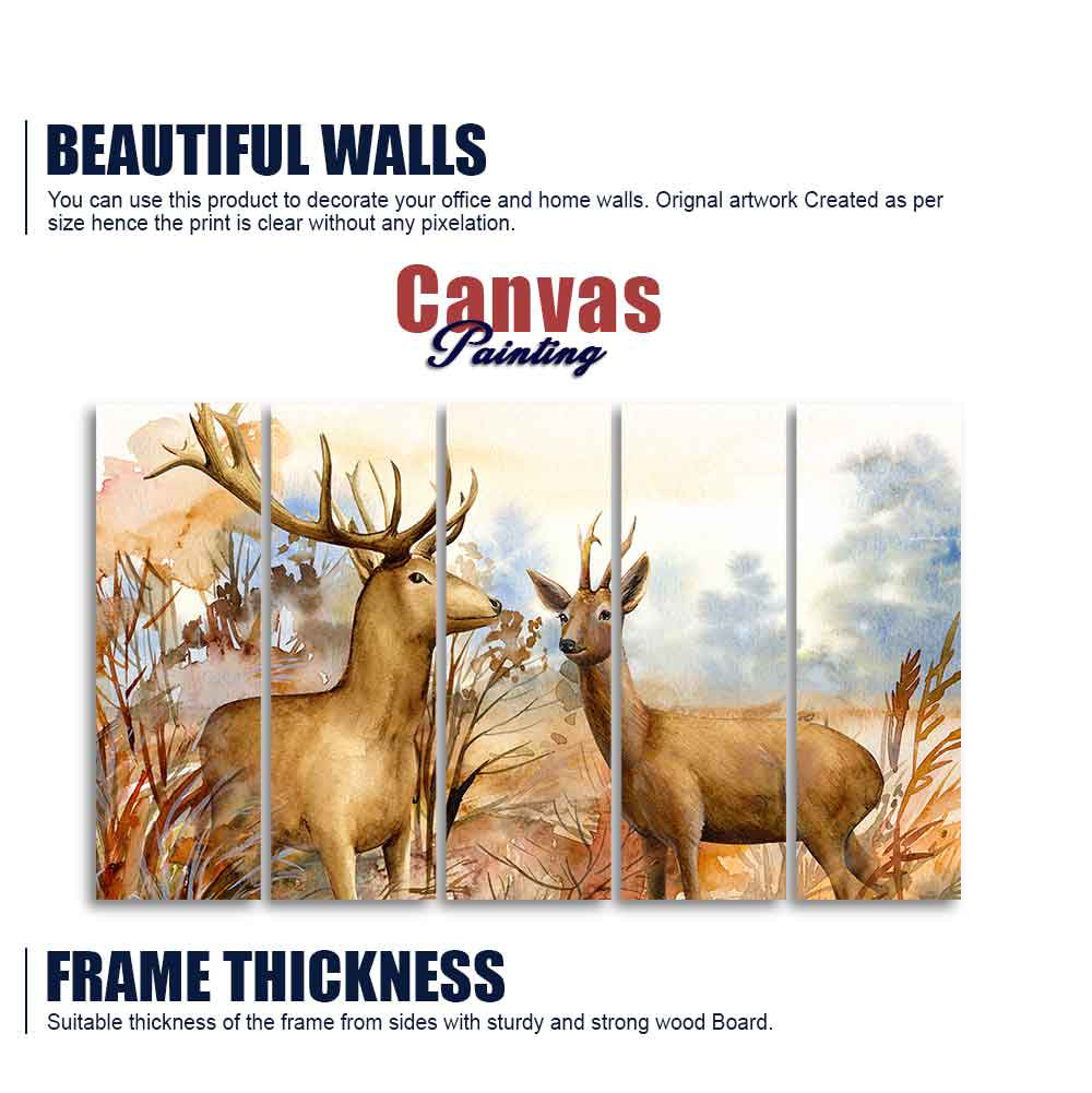 Canvas Wall Painting Pair of Deer in the Forest Set of Five