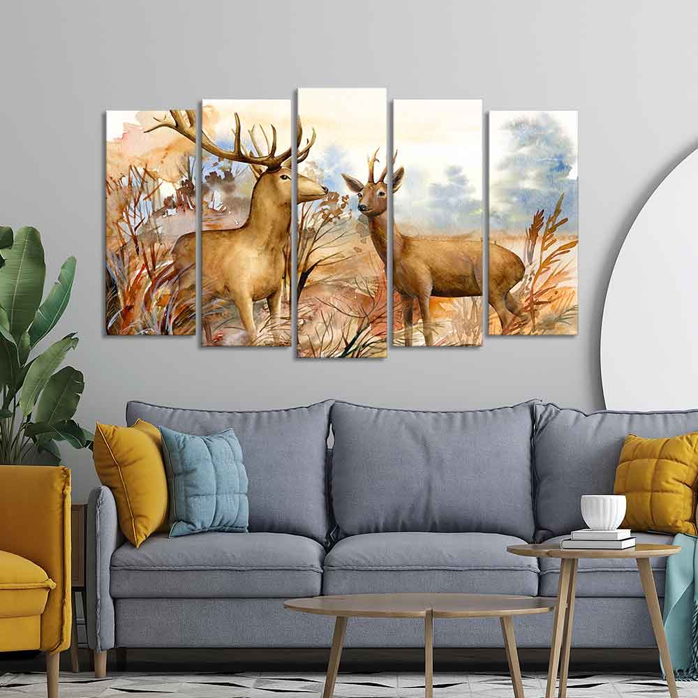 Canvas Wall Painting Pair of Deer in the Forest Set of Five Pieces