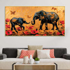Caring Mother Elephant with Baby In Floral Garden Canvas Wall Painting