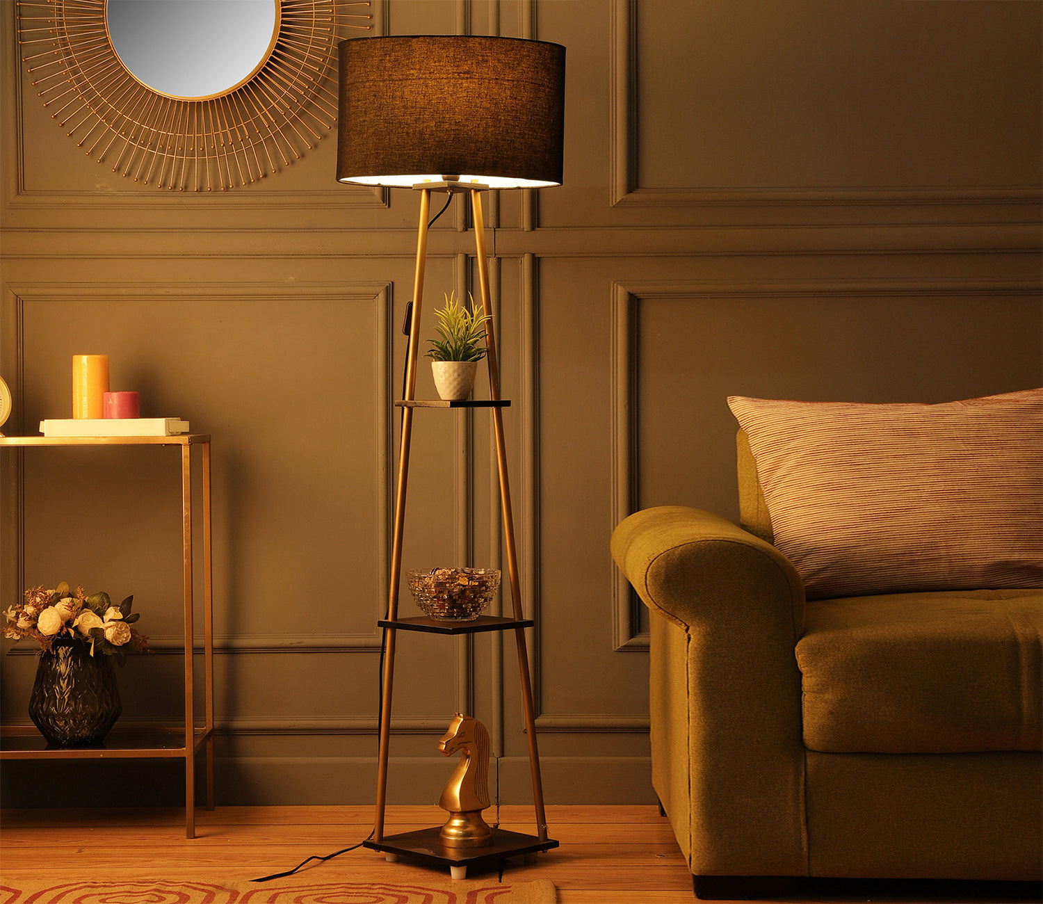 Castle 3 Tier Black Color Shelf Storage Floor Lamp with Golden Metal Legs