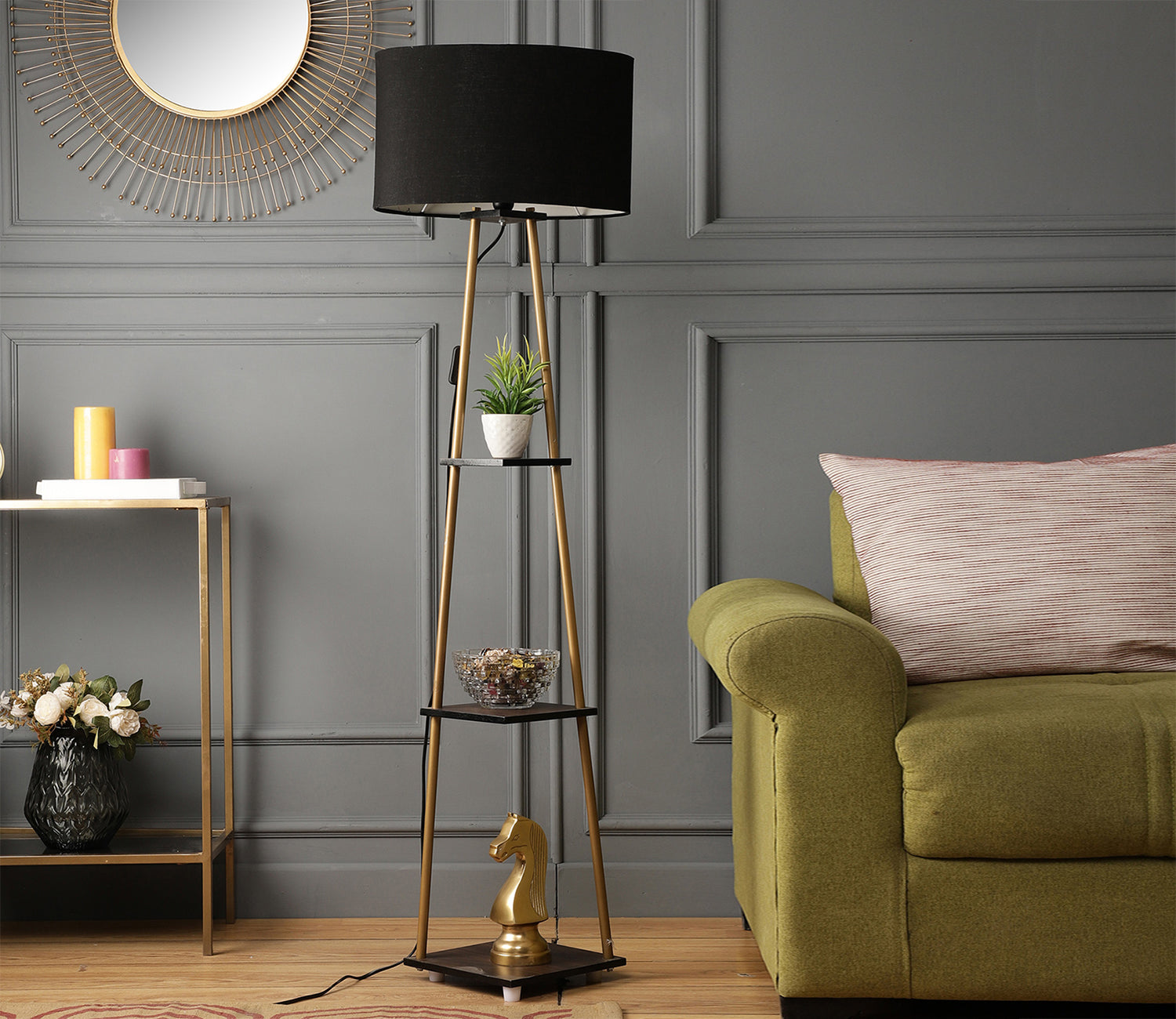 Castle 3 Tier Black Color Shelf Storage Floor Lamp with Golden Metal Legs