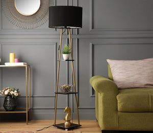 Castle 3 Tier Black Color Shelf Storage Floor Lamp with Golden Metal Legs