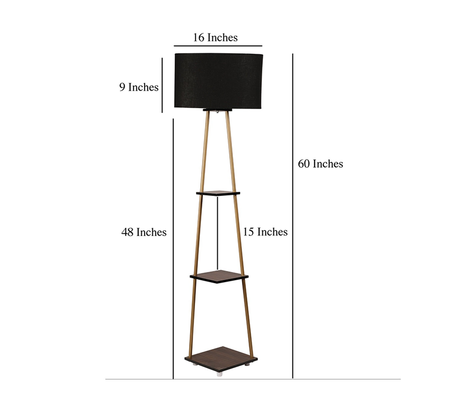 Castle 3 Tier Black Color Shelf Storage Floor Lamp with Golden Metal Legs