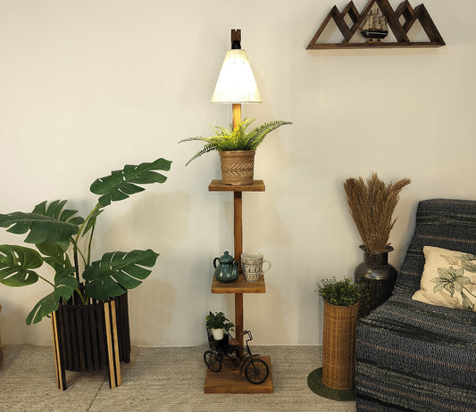 Castle 3 Tier Floor Lamp with Brown Base and Jute Fabric Lampshade