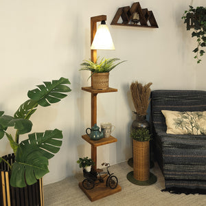 Castle 3 Tier Floor Lamp with Brown Base and Jute Fabric Lampshade