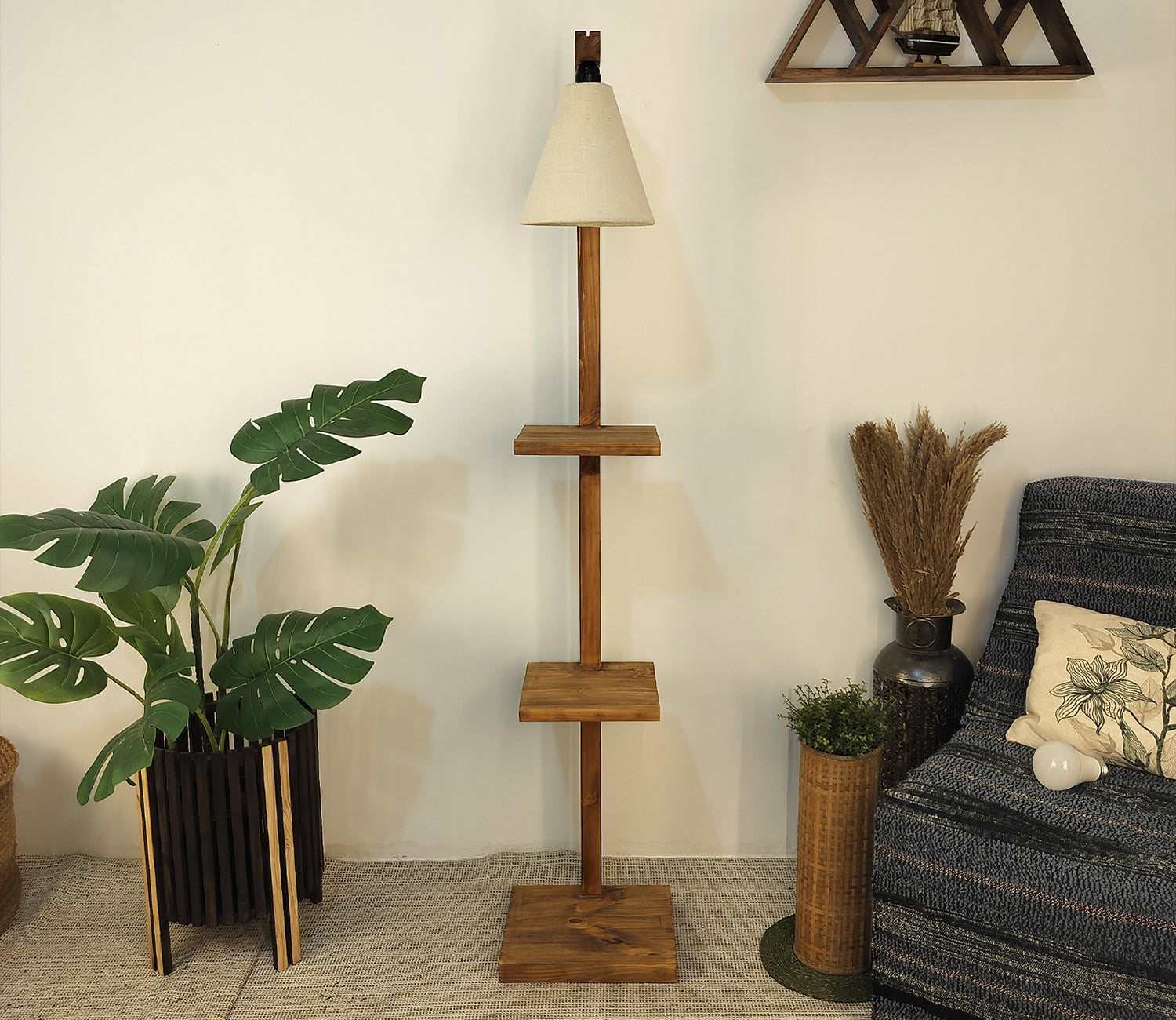 Castle 3 Tier Floor Lamp with Brown Base and Jute Fabric Lampshade