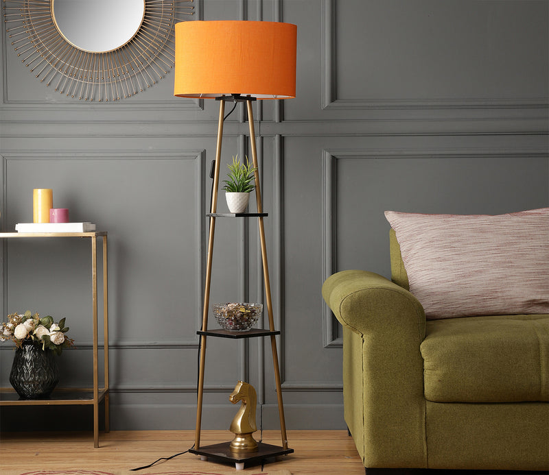 Castle 3 Tier Orange Color Shelf Storage Floor Lamp with Golden Metal Legs