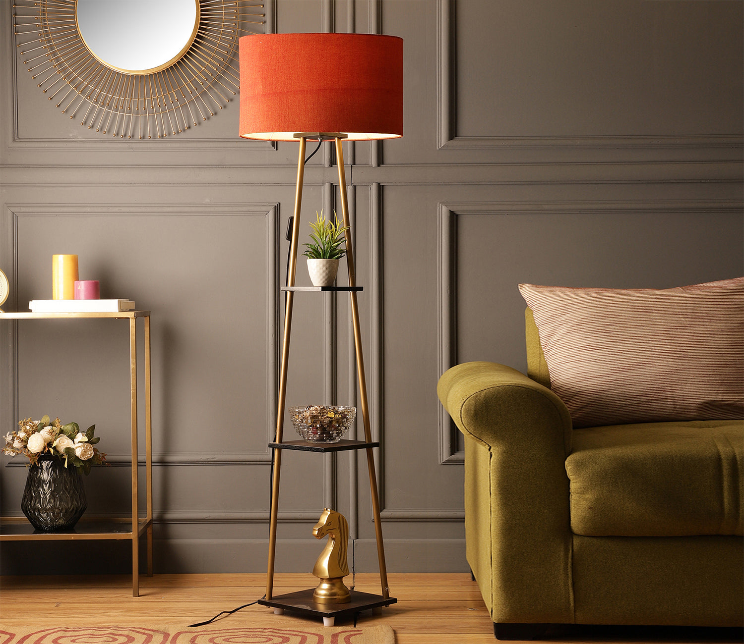 Castle 3 Tier Red Color Shelf Storage Floor Lamp with Golden Metal Legs