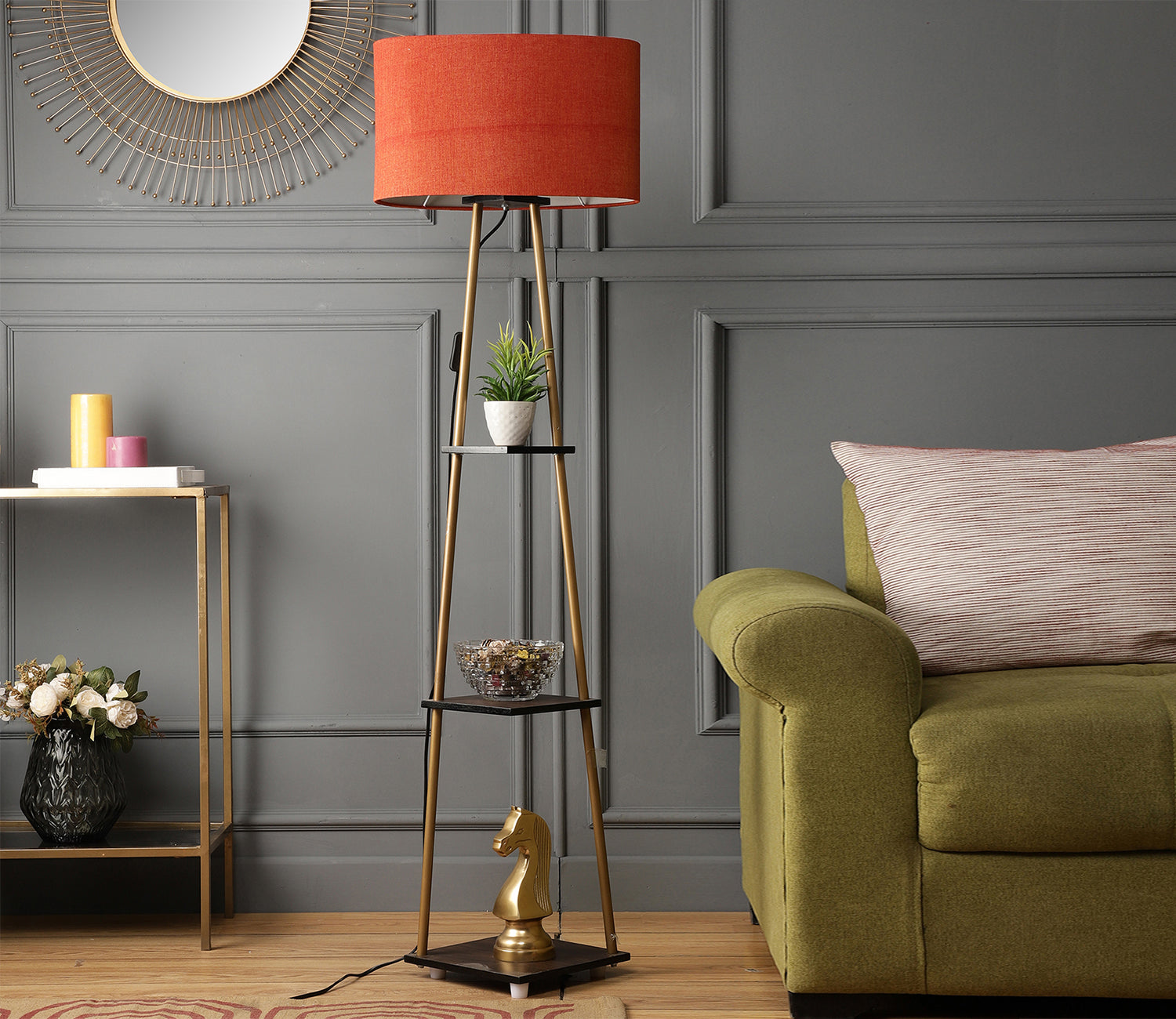 Castle 3 Tier Red Color Shelf Storage Floor Lamp with Golden Metal Legs