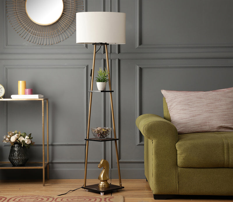 Castle 3 Tier White Color Shelf Storage Floor Lamp with Golden Metal Legs