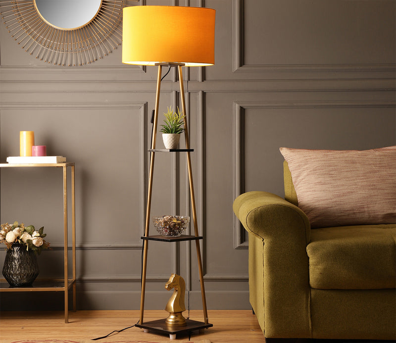 Castle 3 Tier Yellow Color Shelf Storage Floor Lamp with Golden Metal Legs