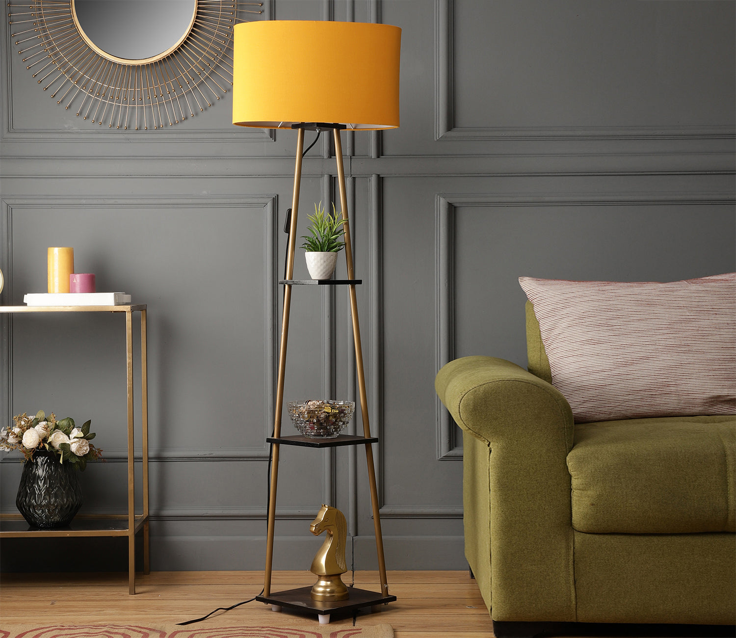 Castle 3 Tier Yellow Color Shelf Storage Floor Lamp with Golden Metal Legs