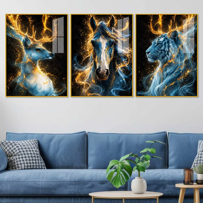 Celestial Beasts Acrylic Floating Frame Wall Painting Set of 3
