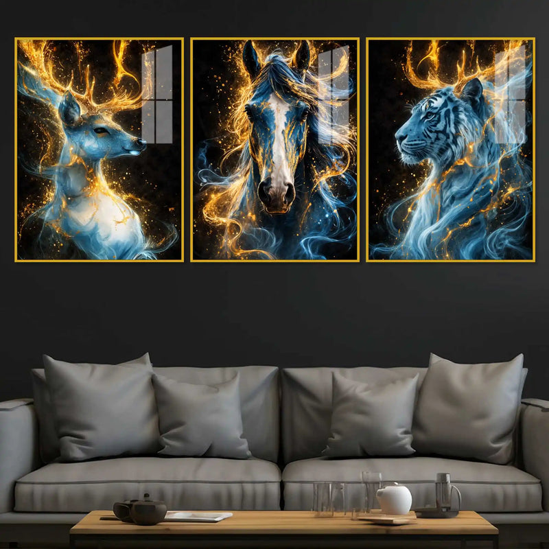 Celestial Beasts Acrylic Floating Frame Wall Painting Set of 3