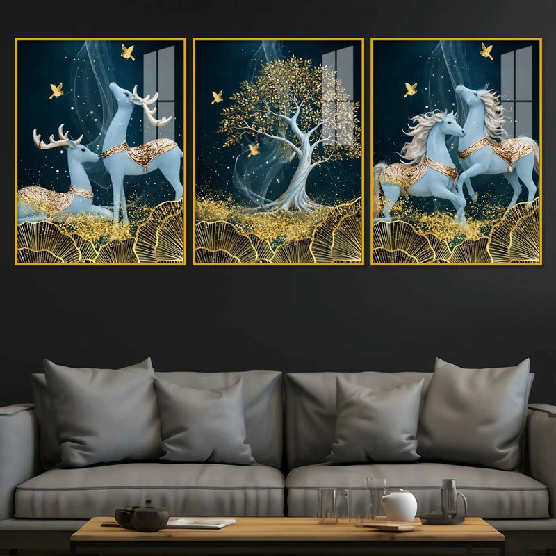 Celestial Deer & Horses Acrylic Floating Frame Wall Painting Set of 3