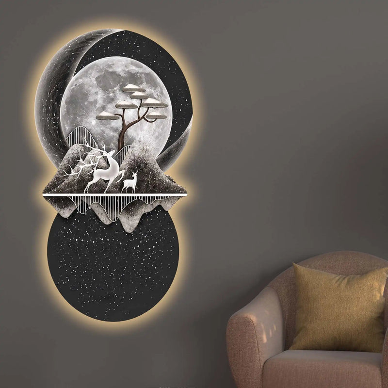 Celestial Deer Moon & Mountains Crystal Glass Backlit LED Painting
