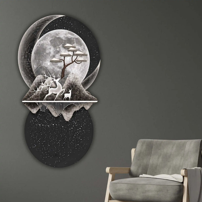Celestial Deer Moon & Mountains Crystal Glass Backlit LED Painting