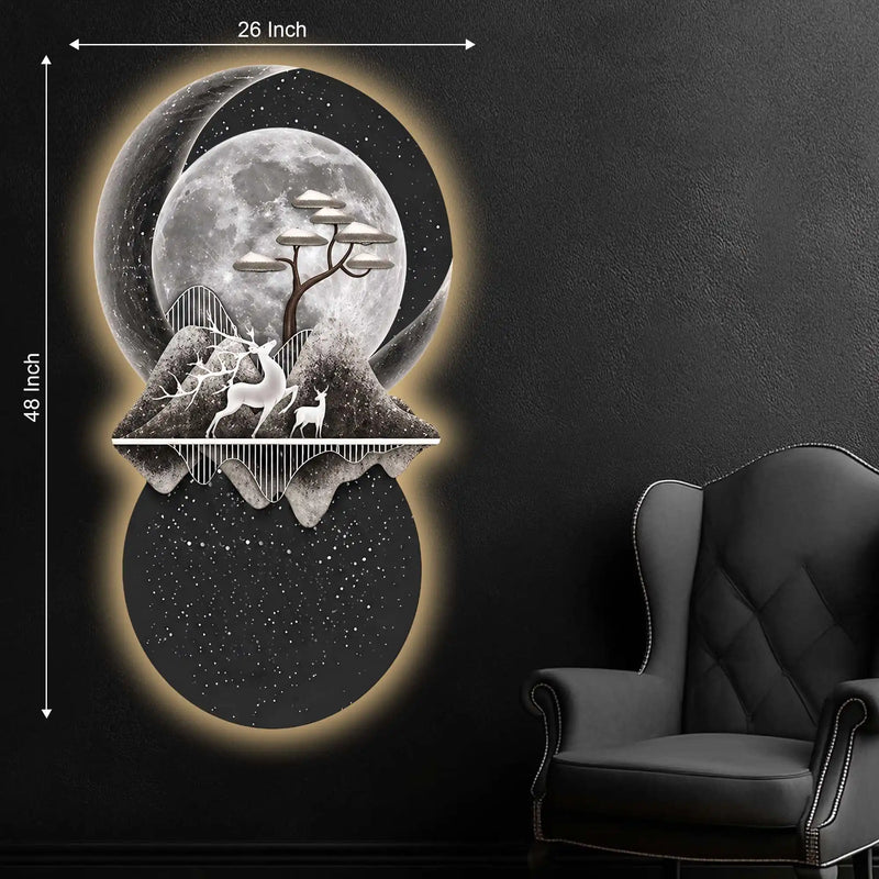Celestial Deer Moon & Mountains Crystal Glass Backlit LED Painting
