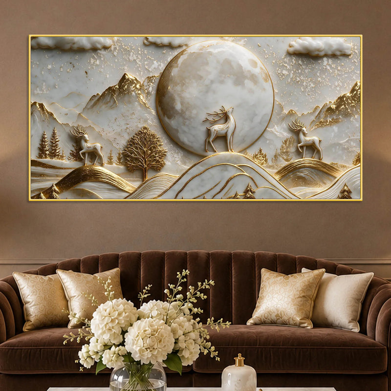 Celestial Full Moon & Golden Deer 3D Canvas Wall Painting