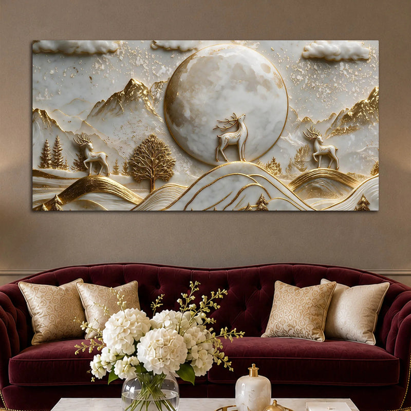 Celestial Full Moon & Golden Deer 3D Canvas Wall Painting