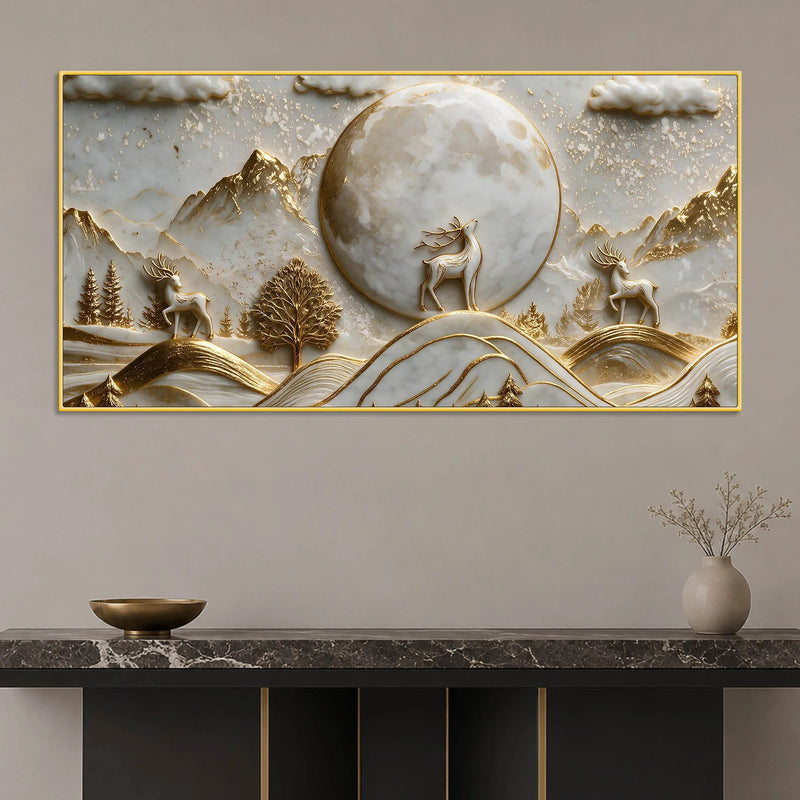 Celestial Full Moon & Golden Deer 3D Canvas Wall Painting
