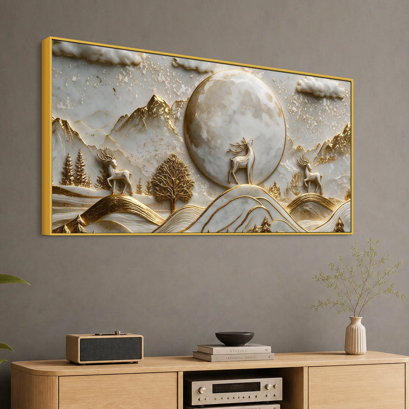 Celestial Full Moon & Golden Deer 3D Canvas Wall Painting