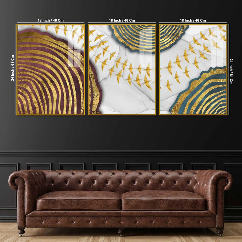 Celestial Gold Geometry Acrylic Floating Frame Wall Painting Set of 3
