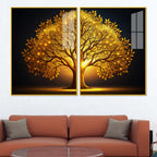 Celestial Golden Tree Acrylic Floating Wall Painting Set of 2