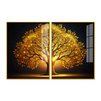 Celestial Golden Tree Acrylic Floating Wall Painting Set of 2