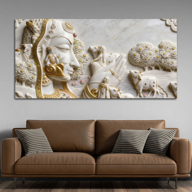 Celestial Kamadhenu Cow and Devotional Heritage 3D Canvas Wall Painting
