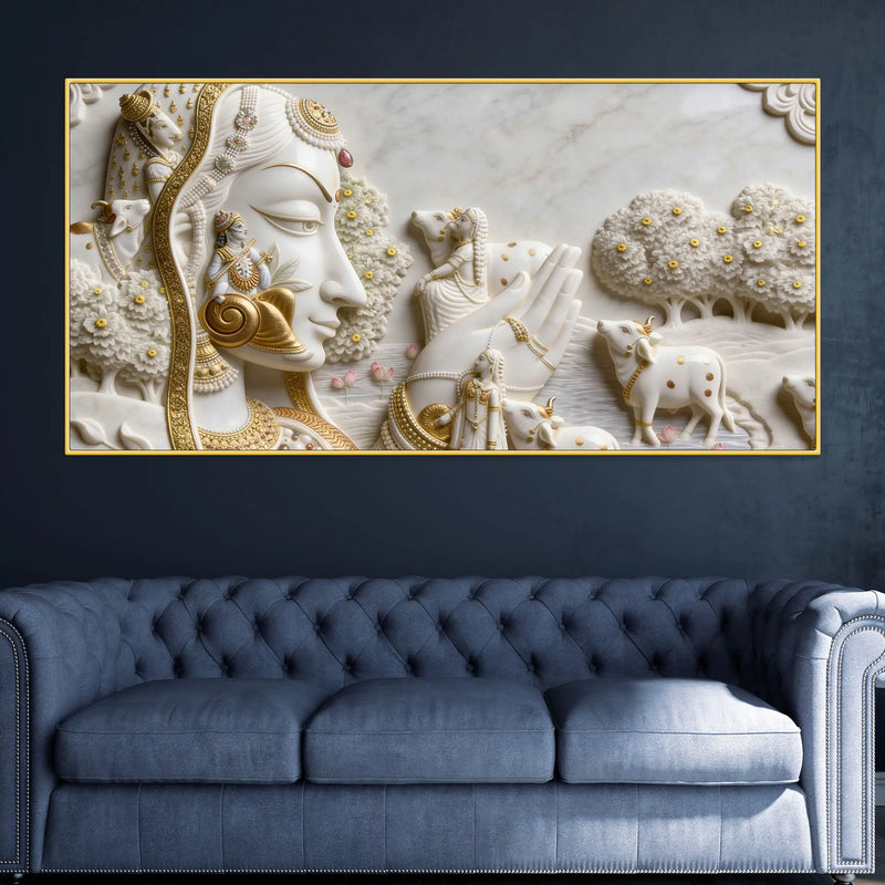 Celestial Kamadhenu Cow and Devotional Heritage 3D Canvas Wall Painting