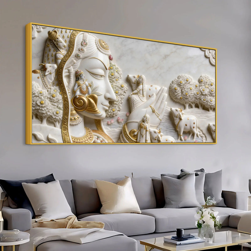 Celestial Kamadhenu Cow and Devotional Heritage 3D Canvas Wall Painting