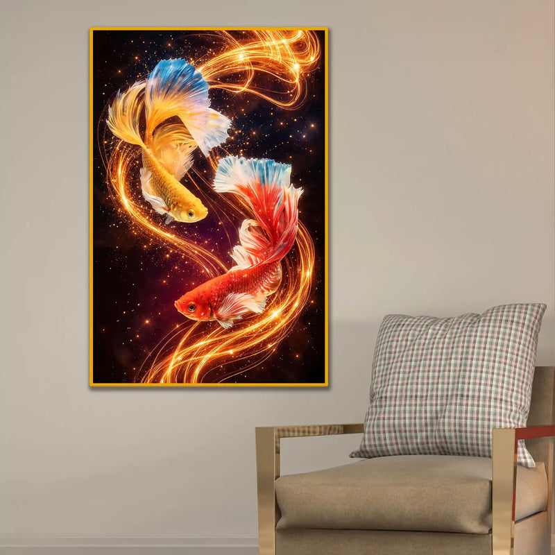 Celestial Koi Harmony Floating Frame Crystal Wall Painting