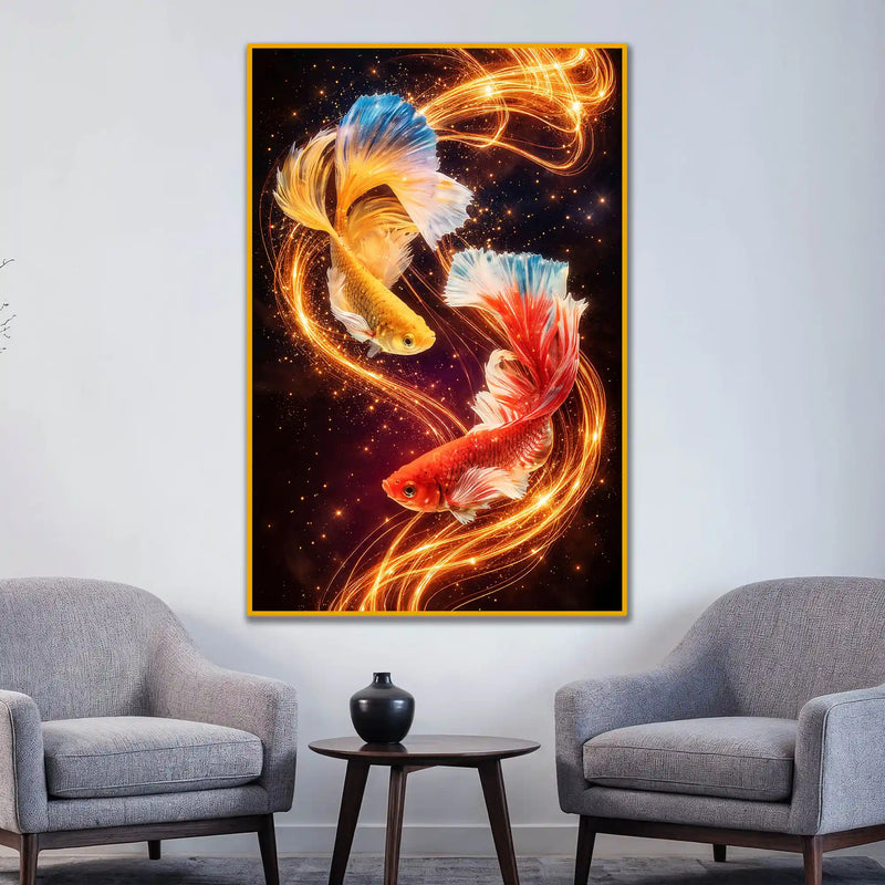 Celestial Koi Harmony Floating Frame Crystal Wall Painting