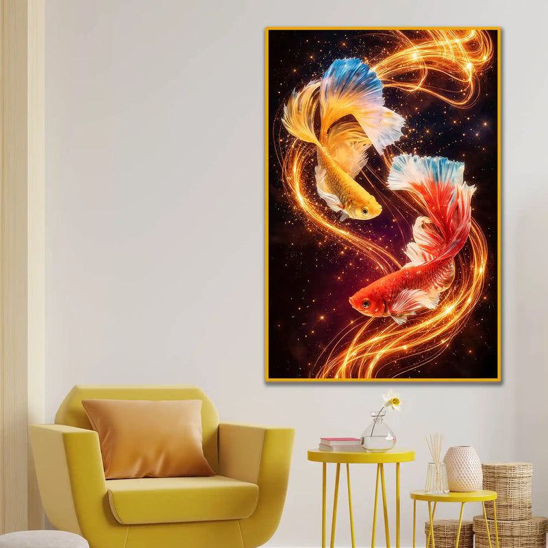 Celestial Koi Harmony Floating Frame Crystal Wall Painting