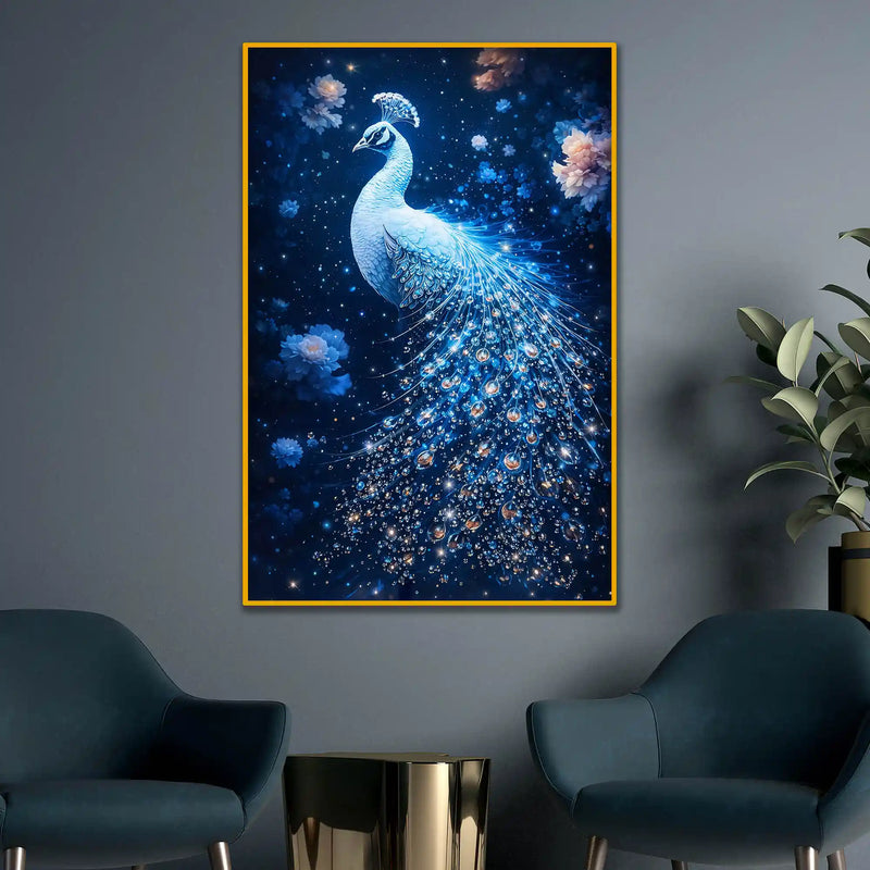 Celestial Peacock Floating Frame Crystal Wall Painting