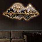 Celestial Tree Golden Deer & Mountains Crystal Glass Backlit LED Painting