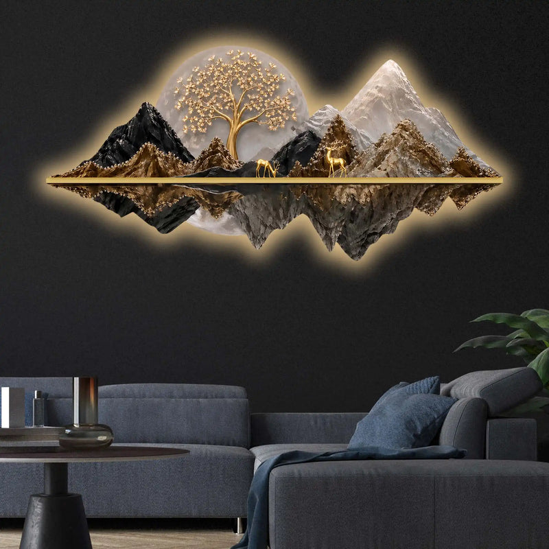 Celestial Tree Golden Deer & Mountains Crystal Glass Backlit LED Painting