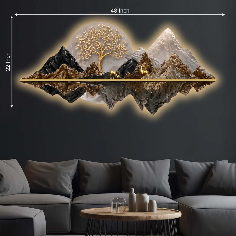 Celestial Tree Golden Deer & Mountains Crystal Glass Backlit LED Painting