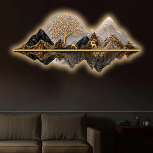 Celestial Tree Golden Deer & Mountains Crystal Glass Backlit LED Wall Art