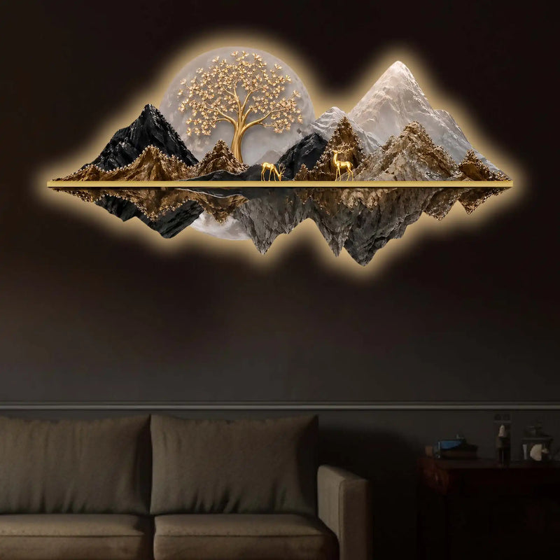 Celestial Tree Golden Deer & Mountains Crystal Glass Backlit LED Wall Art