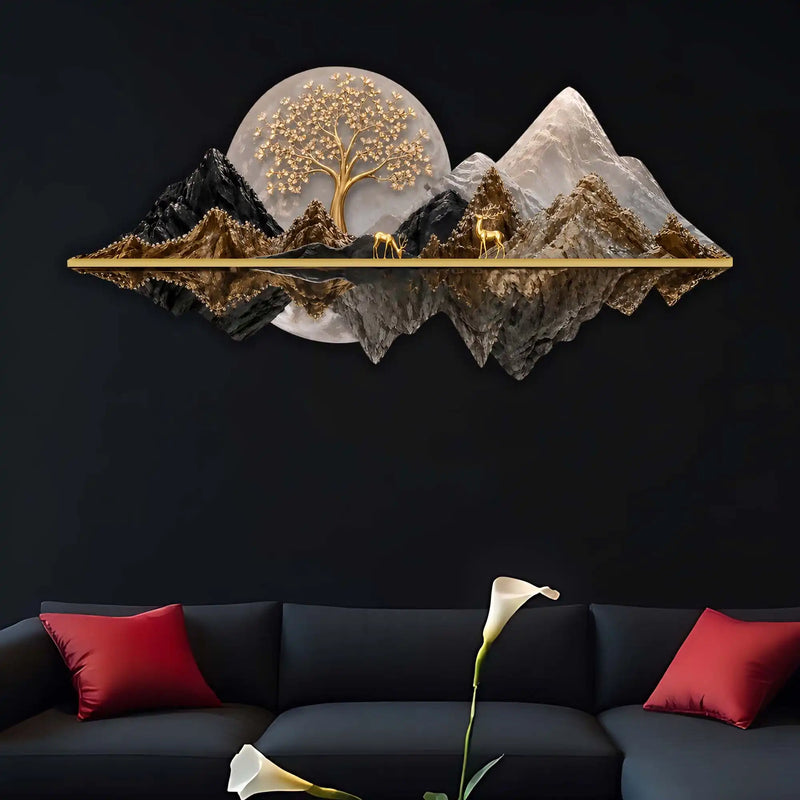 Celestial Tree Golden Deer & Mountains Crystal Glass Backlit LED Wall Art