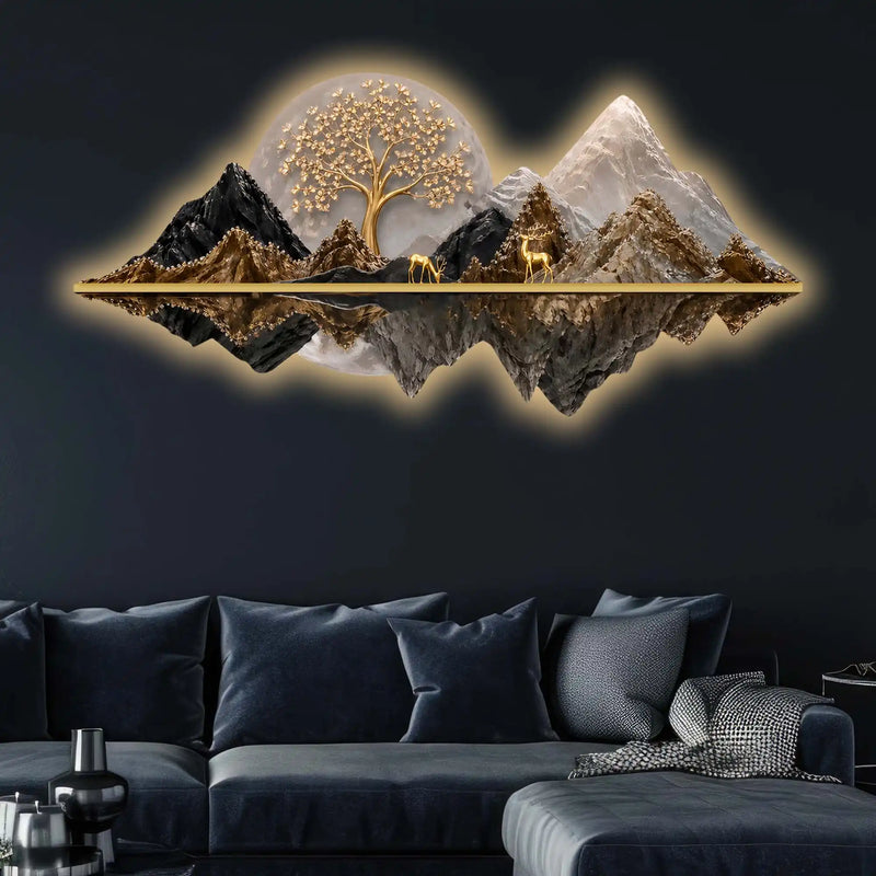 Celestial Tree Golden Deer & Mountains Crystal Glass Backlit LED Wall Art