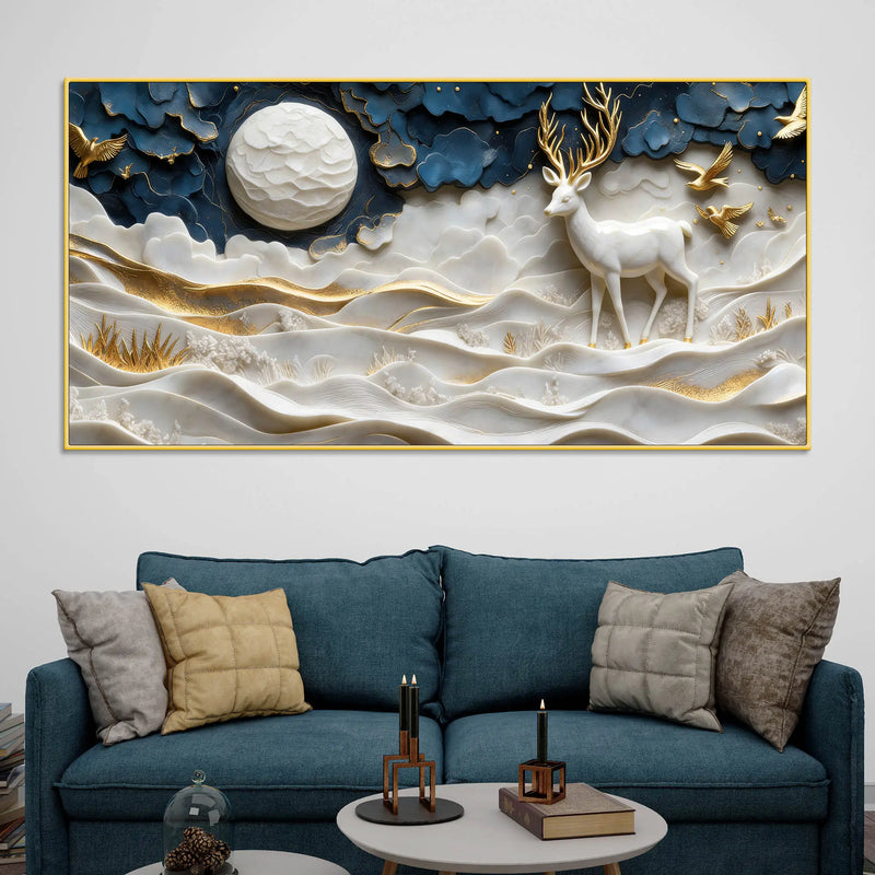 Celestial White Stag with Golden Birds 3D Canvas Wall Painting