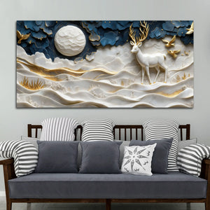 Celestial White Stag with Golden Birds 3D Canvas Wall Painting