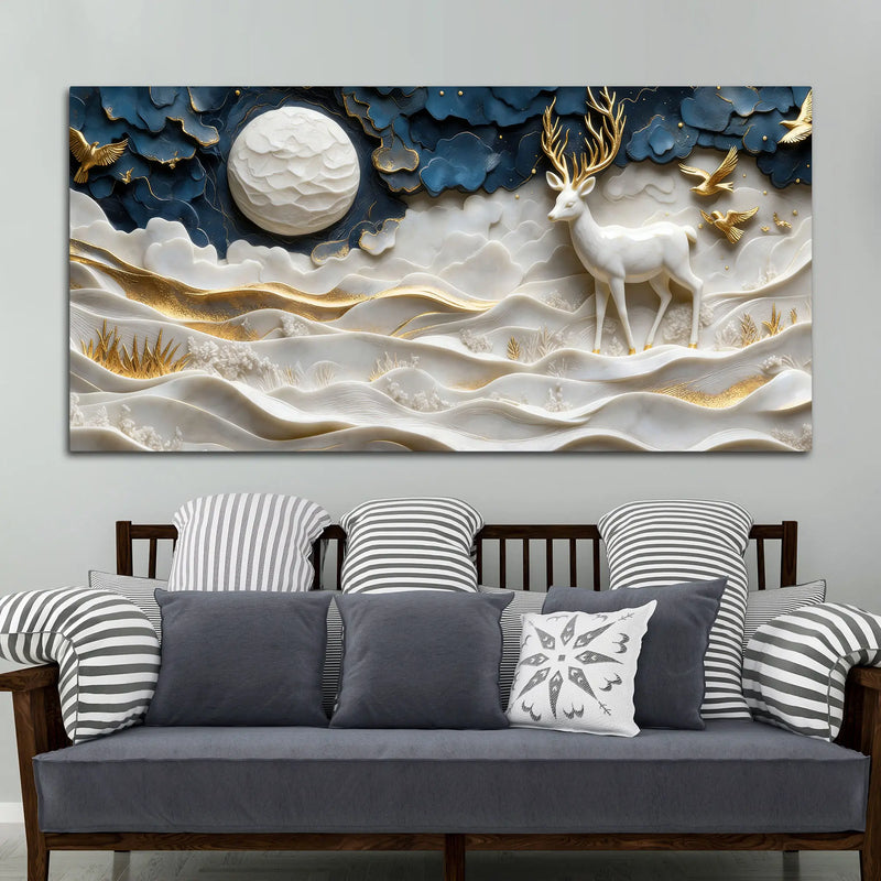 Celestial White Stag with Golden Birds 3D Canvas Wall Painting