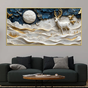 Celestial White Stag with Golden Birds 3D Canvas Wall Painting