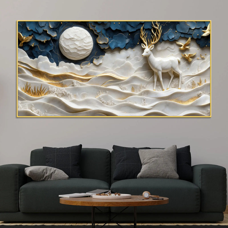 Celestial White Stag with Golden Birds 3D Canvas Wall Painting