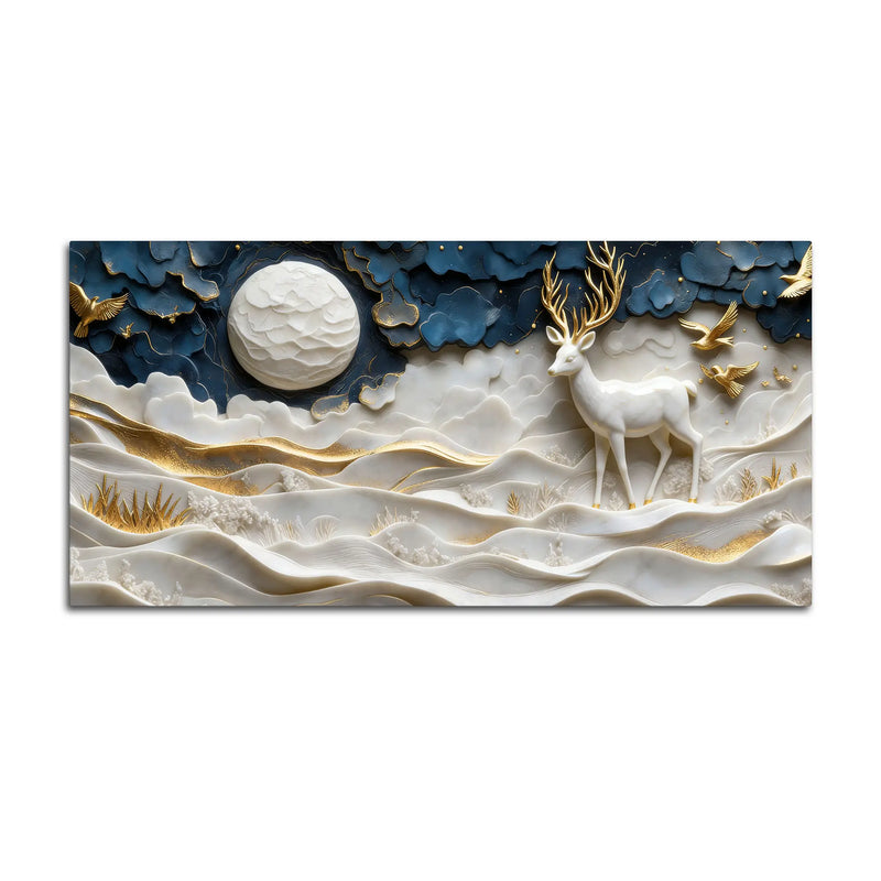Celestial White Stag with Golden Birds 3D Canvas Wall Painting