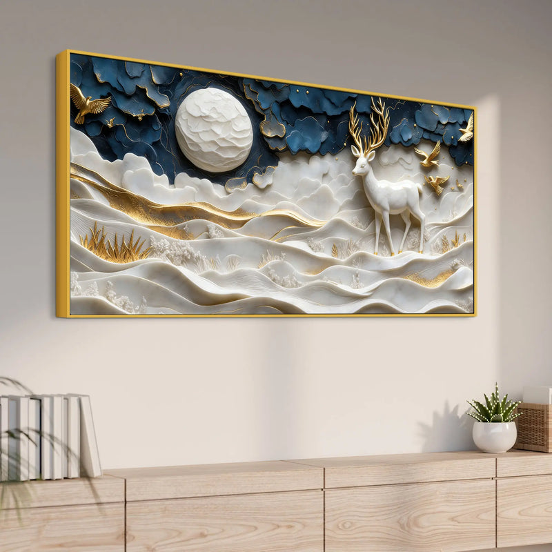Celestial White Stag with Golden Birds 3D Canvas Wall Painting